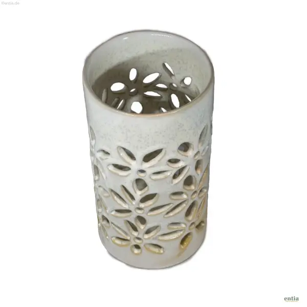 Windlicht Keramik Cremeweiß mit Blumenmuster
