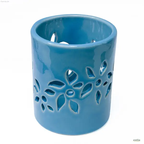 Windlicht aus Keramik mit floralem Muster, pfauenblau