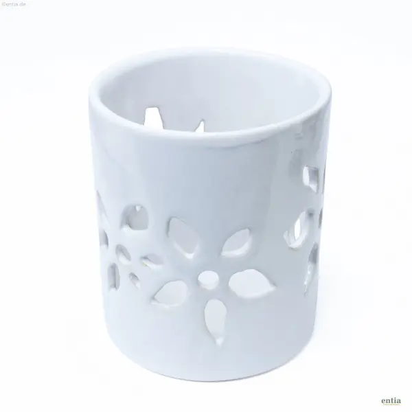 Windlicht aus Keramik mit floralem Muster in Zinnweiss