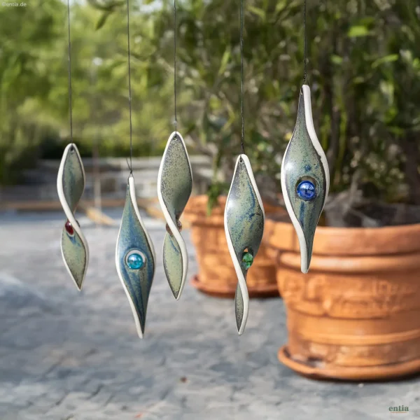 5 Windspiralen Nachtblau mit Glasmurmel aus Keramik