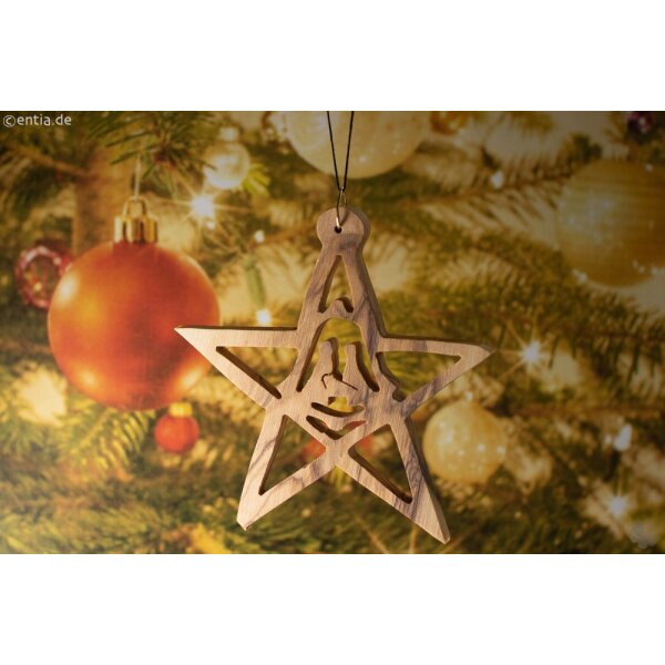 Christbaumanhänger Heilige Familie in Stern Olivenholz