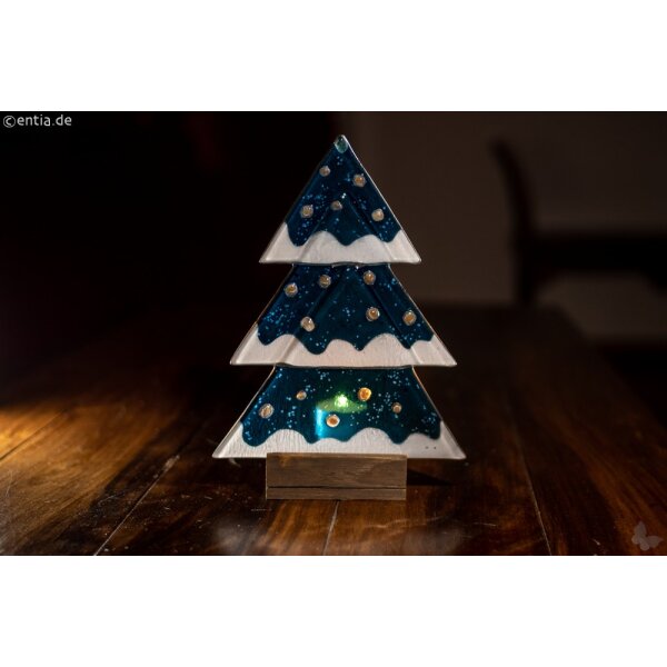 Weihnachtsdeko Tischtanne aus aquamarin Glas